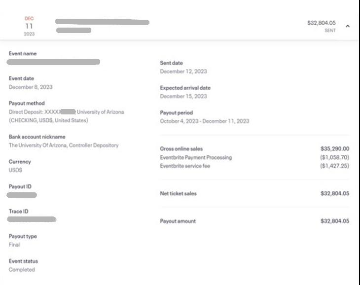 Supporting documentation from Eventbrite must be attached to the document that reflects the gross revenue, Eventbrite fees, and net revenue. 